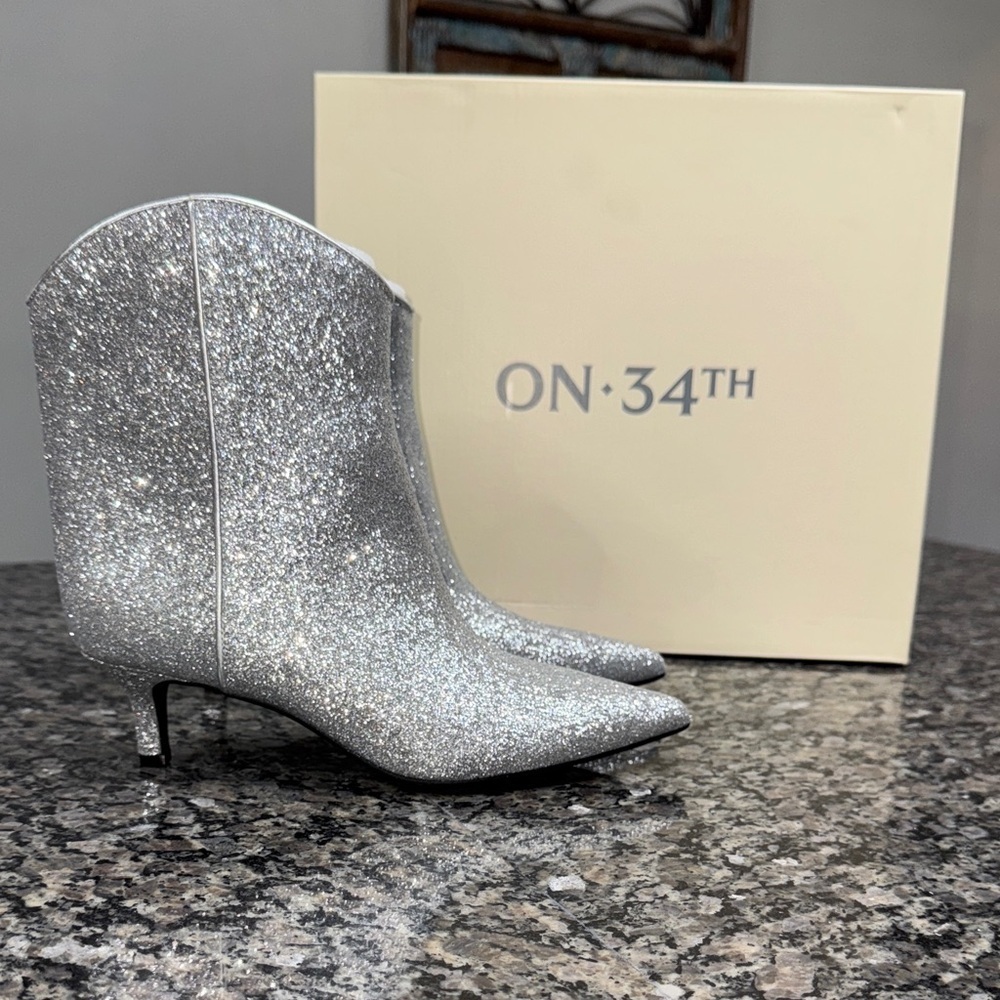 ON 34TH Silver Glitter kitten Heeled ankle Booties NWT 6.5
